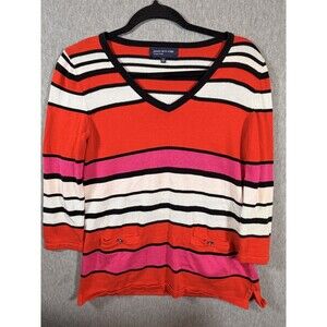Jones New York Signature Women's S Striped V-Neck Sweater Red Pink White Black